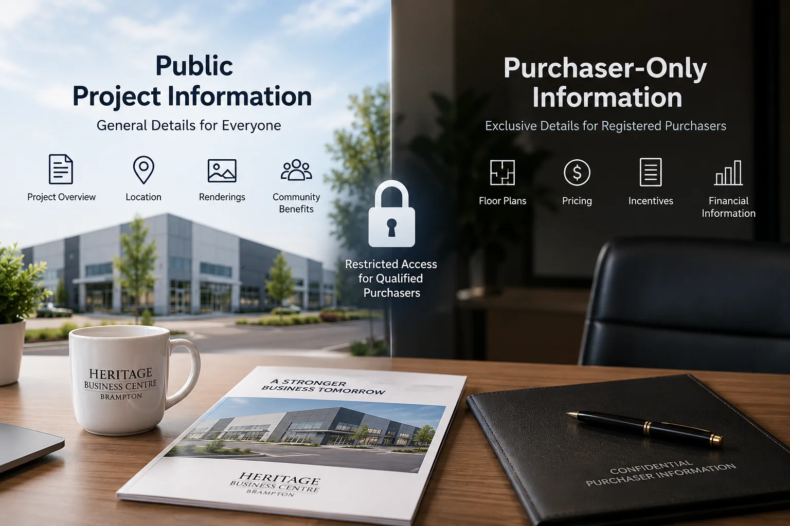 Concept illustration comparing public project information with purchaser-only information for Heritage Business Centre.